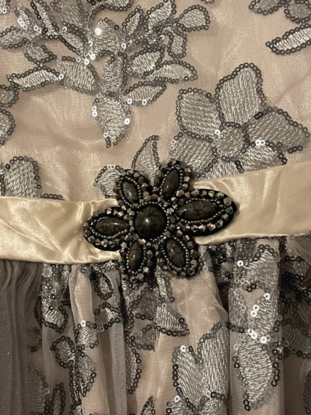 Angel Champagne and Silver Floral Lace Tulle Dress with Jeweled Waist - Picture 6 of 6